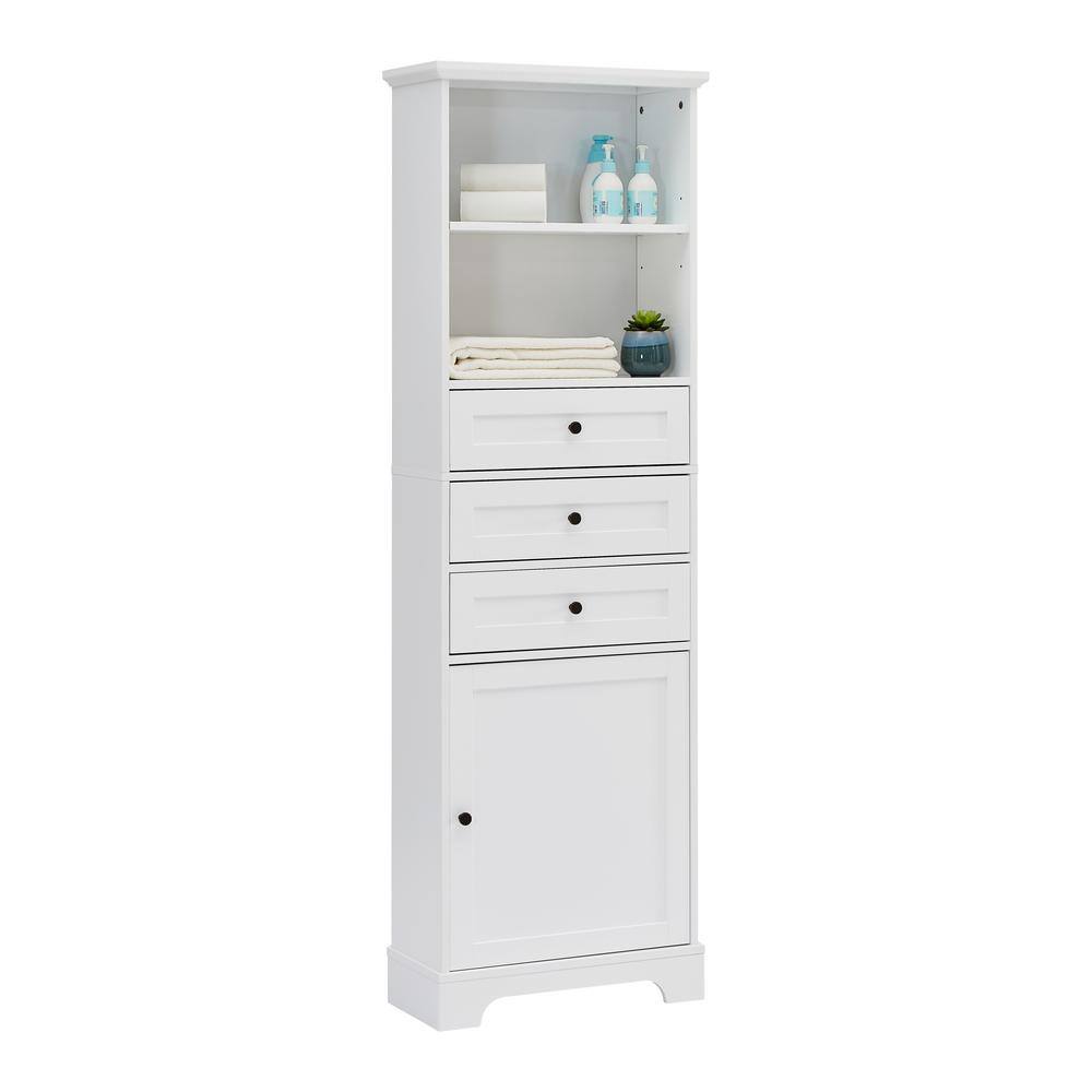 White Tall Bathroom Storage Cabinet with Adjustable Shelves and Drawers