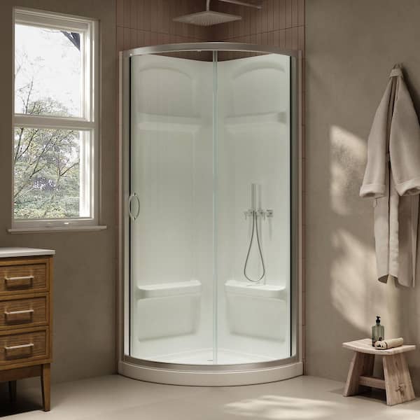 Breeze 33 in. L x 33 in. W x 77 in. H Corner Shower Kit with Clear Sliding Door in Satin Nickel, Shower Pan, and Walls