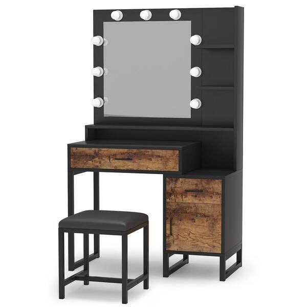 Byblight Helotes Rustic Brown Makeup, Rustic Vanity Table With Lighted Mirror