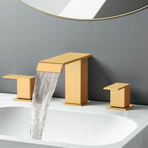 8 in. Double-Handle Widespread Bathroom Faucets with Drain Kit Included Low Arc Design in Gold