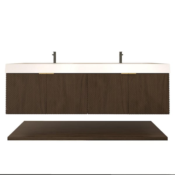 Stella 71 in. W x 20 in. D x 22 in. H Double Sink Chestnut Brown Bath Vanity with White Acrylic Top Floating Lower Shelf