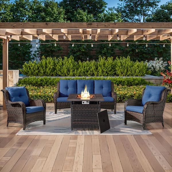 ArcoBay 4-Piece Brown Wicker Patio Square Fire Pit Conversation Set with Navy Blue Cushions and Sofa Set