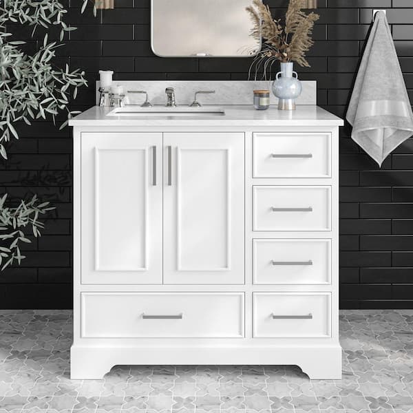 ARIEL Stafford 37 in. W x 22 in. D x 35.25 in. H Left Single Sink Bath Vanity in White with Carrara White Marble Top