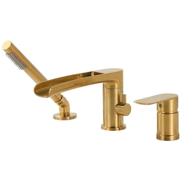 3-Holes Widespread Single-Handle Deck-Mount Brass Waterfall Roman Tub Faucet with Hand Shower in Brushed Gold