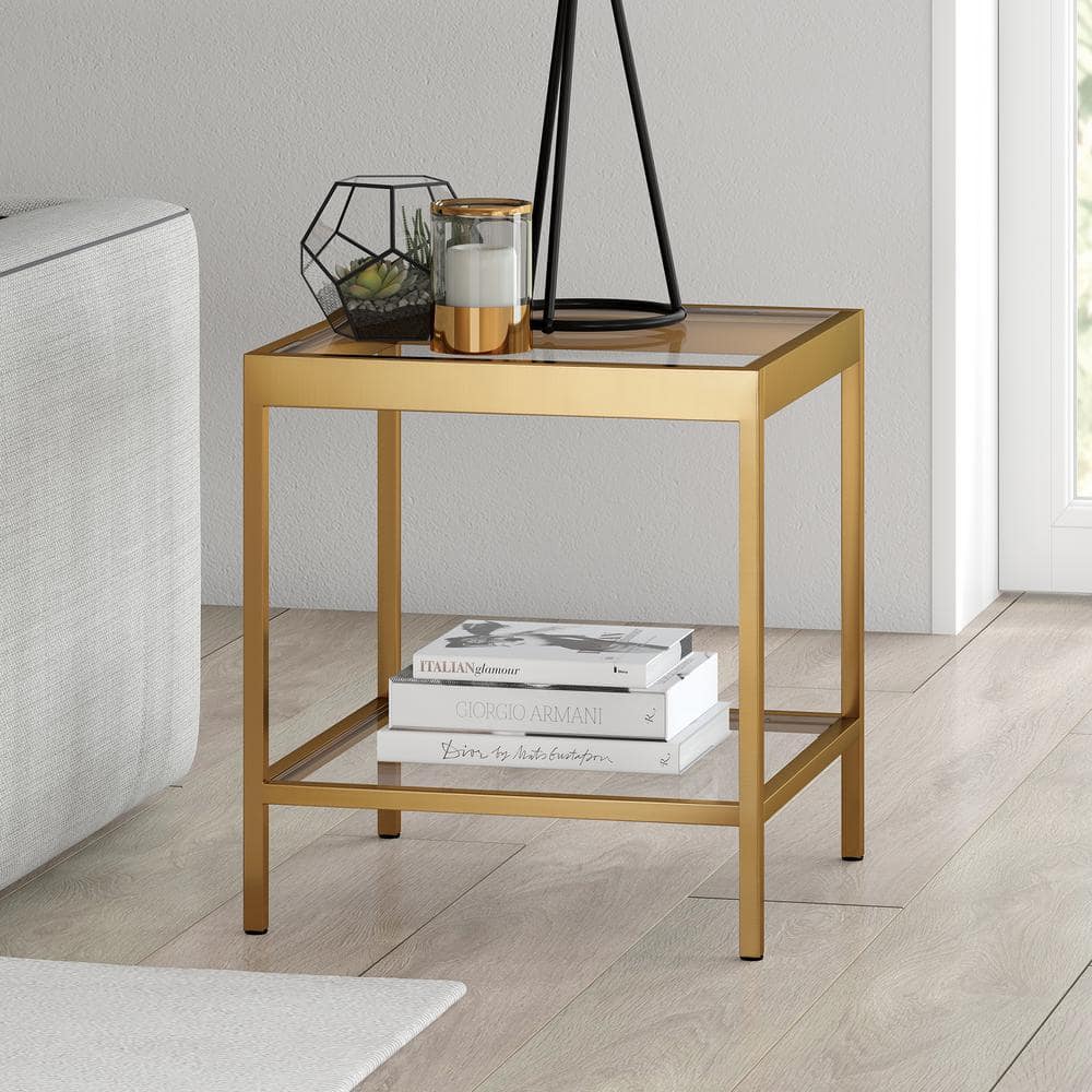 Sleek 20" Brass Square Side Table with Glass Shelves