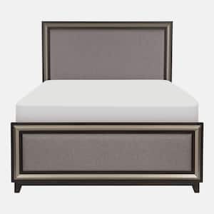 Ebony Finish and Silver Lining Wood Frame Queen Panel Bed with Gray Upholstered Headboard Footboard