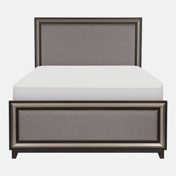 wetiny Ebony Finish and Silver Lining Wood Frame Queen Panel Bed with Gray Upholstered Headboard Footboard