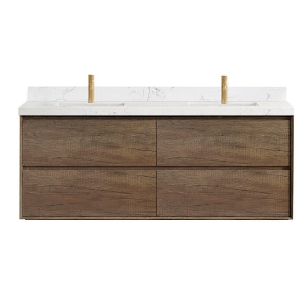 Bessdore 72 in. Double Sinks Floating Vintage Oak Brown Bath Vanity with White Engineered Stone Top