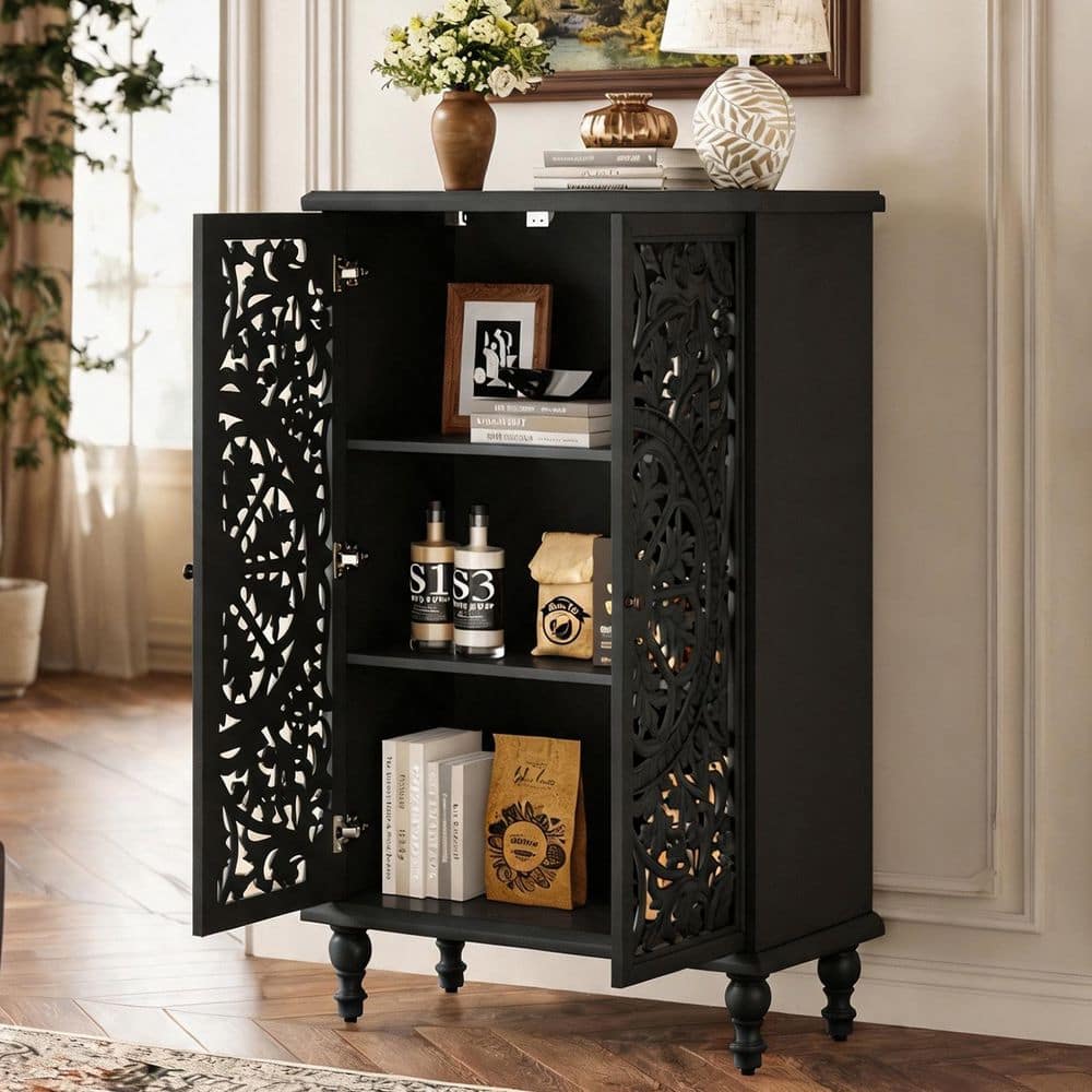 Rectangle Black 47.44 in. H Accent Storage Cabinet with 2 Farmhouse Hollow Carved Doors