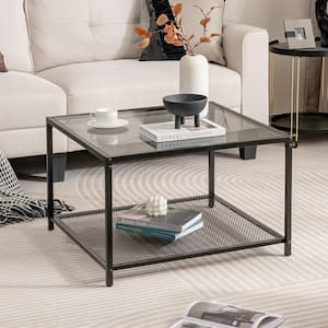 27.5 in. Grey Square Glass Coffee Table 2-Tier with Mesh Shelf Living Room