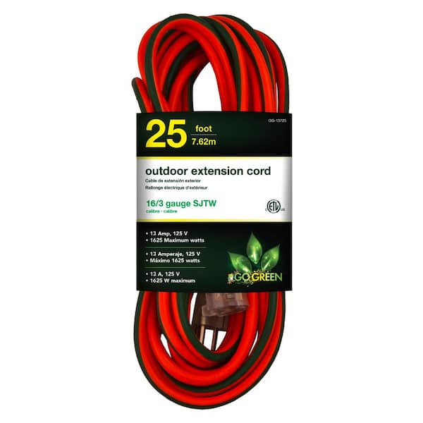 GoGreen Power 25 ft. 16/3 SJTW Outdoor Extension Cord - Orange with Lighted Green Ends