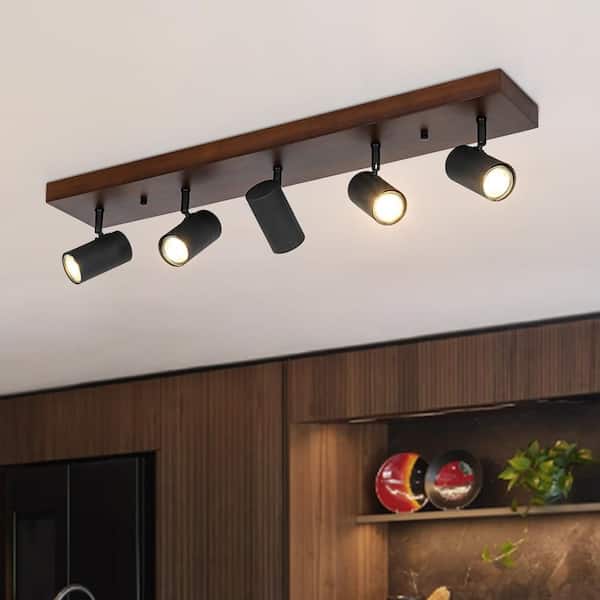 31.5 in. 5-Light Black and Walnut Finish Spotlight Track Lighting Kit Spotlight Semi-Flush Mount with 360° Swivel