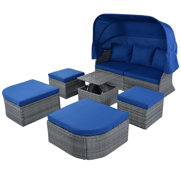 SUNRINX Wicker Outdoor Day Bed with Blue Cushions