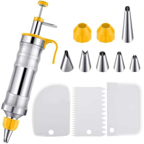 Cake Decorating Syringe Set with 6 Icing Tips, 3 Scrapers, Stainless Steel and Silicone, Yellow and White, 12-Piece