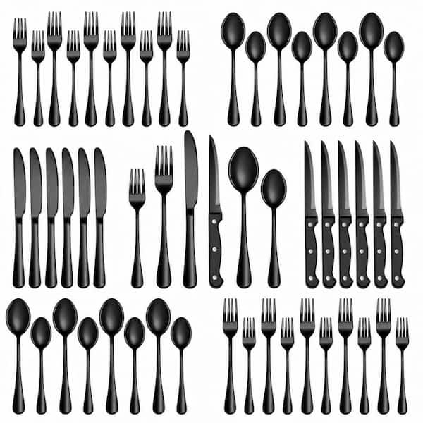 24-Piece Retro Stainless Steel Flatware Set, Black Polished Tableware Utensil Set with Steak Knives for Home Dining Use