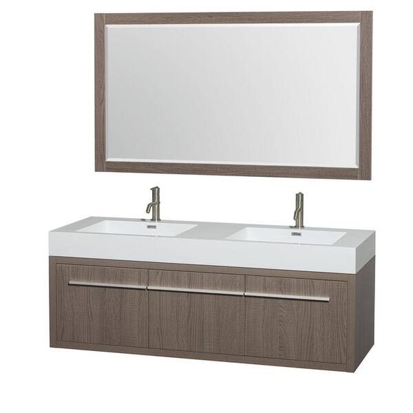 Wyndham Collection Axa 60 in. Double Vanity in Gray Oak with Acrylic Resin Vanity Top in White, Integrated Sinks and 58 in. Mirror