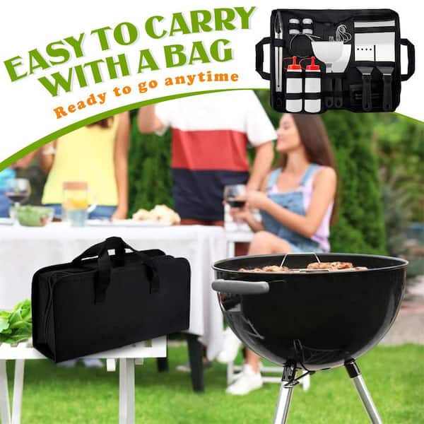 Dyiom 35 Pieces Black and Silver Grill Bag Stainless Steel Outdoor BBQ Teppanyaki Camping Cooking BBQ Grill Tool Set