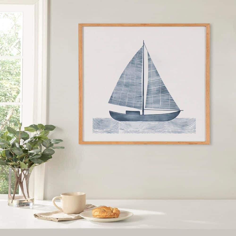 Nautical Blue Sailboat Print with Natural Wood Frame, 16x20