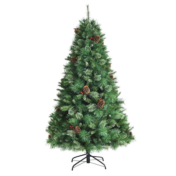 Costway 7 ft. Green Unlit Flocked Artificial Christmas Tree with Red Berries, 861 PVC Branch Tips and 285 Pine Needles