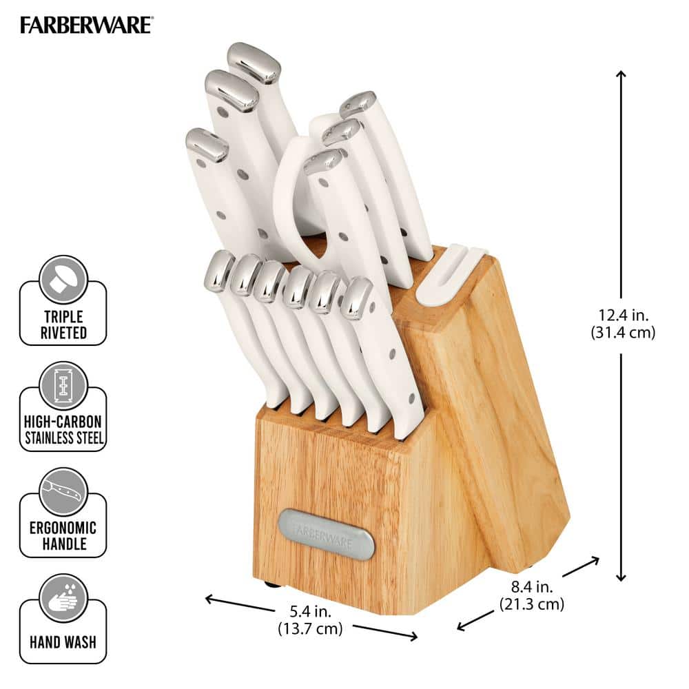 14-Piece White Knife Block Set with Built-In Sharpener