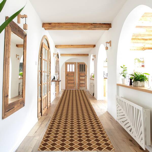 Heavy Duty Beige and Brown 31 in. W x 23 ft. L Indoor/Outdoor Trellis Runner Rug