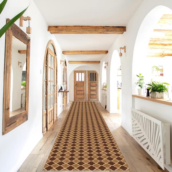 Heavy Duty Beige and Brown 31 in. W x 43 ft. L Indoor/Outdoor Trellis Runner Rug