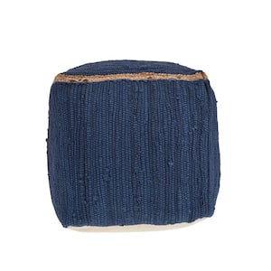 Dillion Indigo Bordered Hand-Loomed Organic Cotton Pouf with Jute Braid