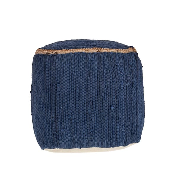 Unbranded Dillion Indigo Bordered Hand-Loomed Organic Cotton Pouf with Jute Braid
