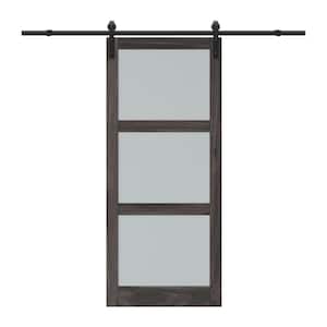 36 in. x 84 in. 3 Lite Tempered Frosted Glass Dark Brown Finished Composite MDF Sliding Barn Door with Hardware Kit