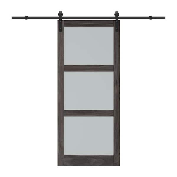 ARK DESIGN 36 in. x 84 in. 3 Lite Tempered Frosted Glass Dark Brown Finished Composite MDF Sliding Barn Door with Hardware Kit