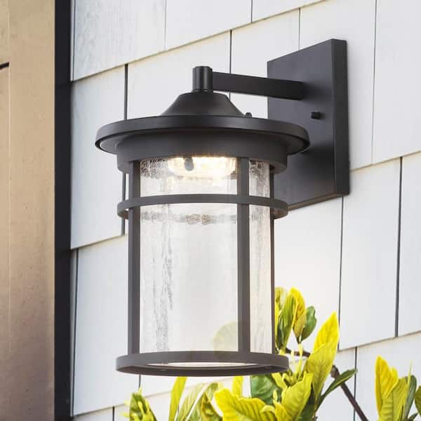 JONATHAN Y Porto Large 14 in. Black Integrated LED Outdoor Wall Lantern Crackled Glass/Metal Sconce
