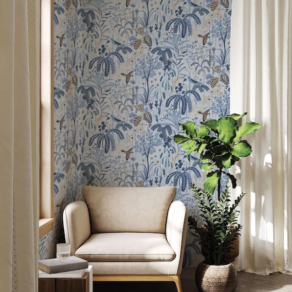 Content in a Cottage Bathroom with Blue Willow Wallpaper