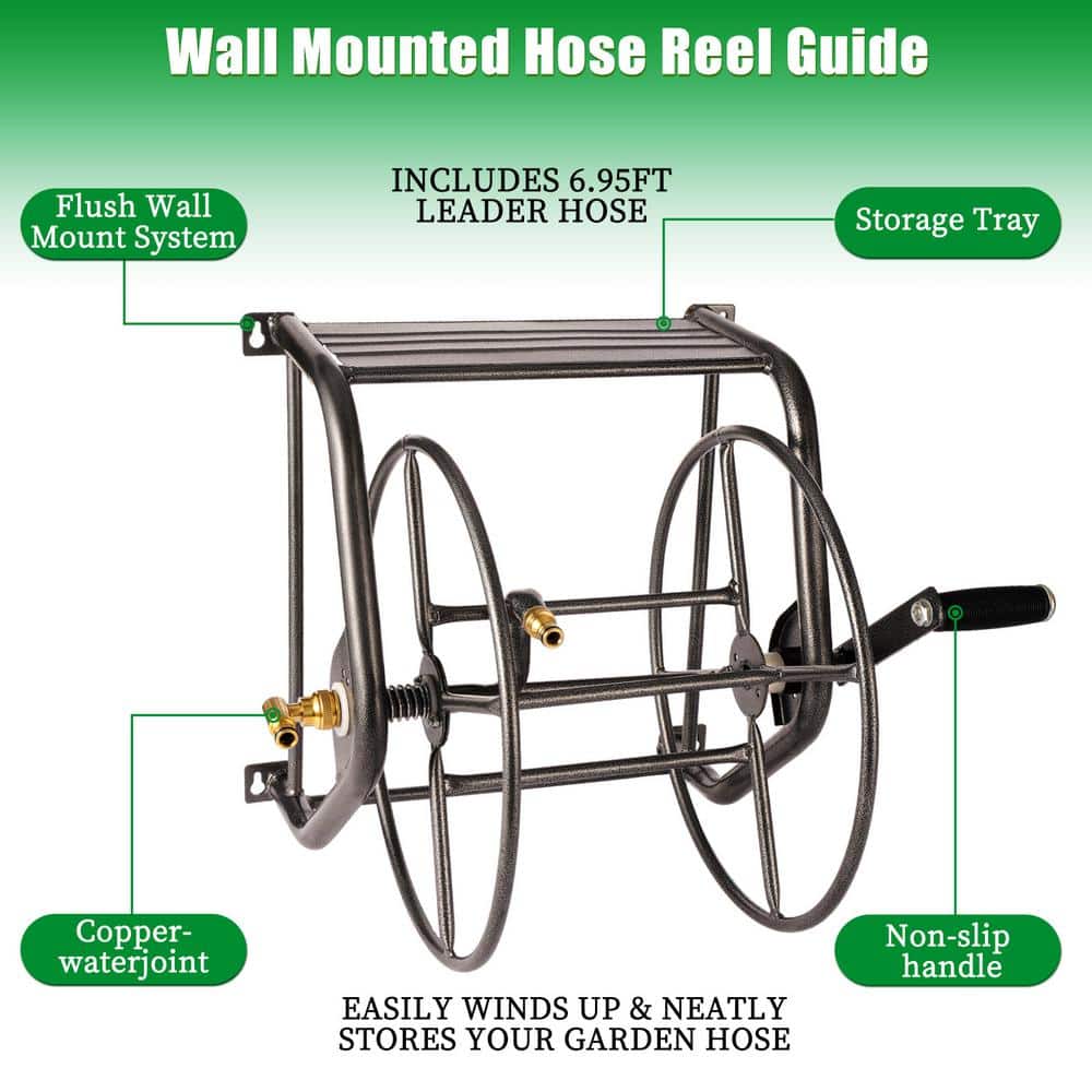 Hammertone Grey Steel Wall Mounted Hose Reel with 200ft Capacity