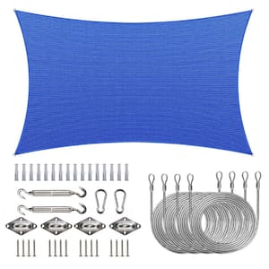 8 ft. x 10 ft. 190 GSM Blue Rectangle Sun Shade Sail with Rectangle Installation Kit Plus Cable Wire Ropes