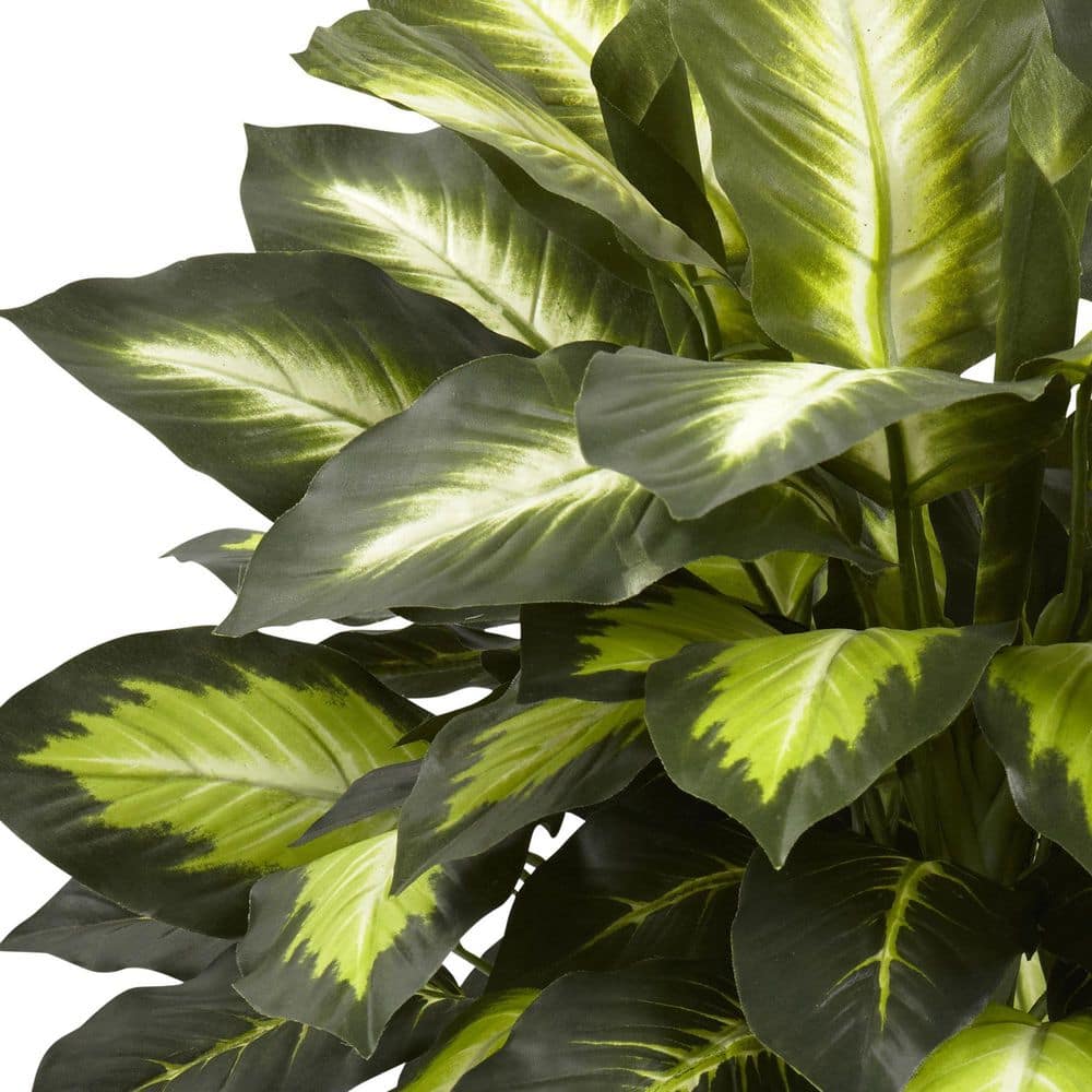 Compact Golden Leaf Dieffenbachia Silk Plant with Traditional Wooden Vase