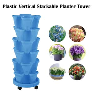 6-Tier Blue Plastic Vertical Stackable Planter Tower with Removable Wheels, Indoor Outdoor Gardening Pots (24-Pots)