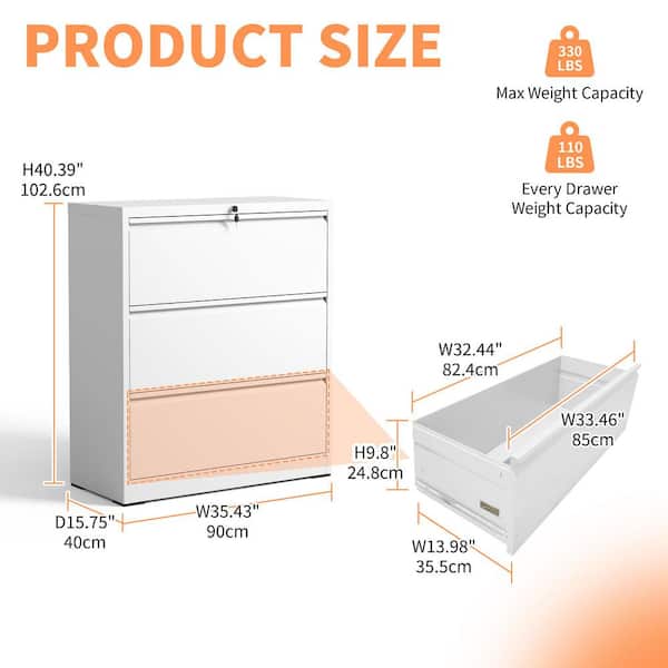 Belira Modern 3-Drawer White Metal 35.43 in. W Lateral Vertical Locking Storage File Cabinet