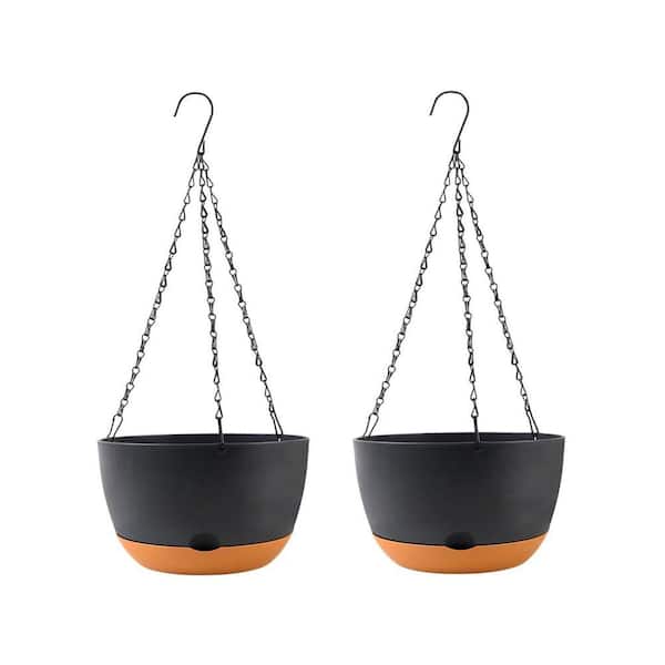 10" Black Plastic Self-Watering Ventilated Hanging Planter Basket with Removable Tray, Modern Indoor Outdoor 3 Pack