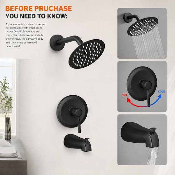 3-Piece Tub Shower Trim Kit with Single Handle Mixing Valve 6 in. Rain Shower Head Tub Spout in Matte Black for Bathroom