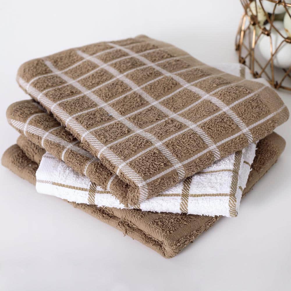 Mocha and White Terry Cotton Kitchen Towel Set, 3-Pack