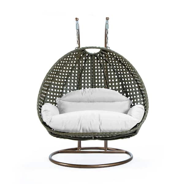 Leisuremod 2-Person Egg Swing Chair Beige Wicker Outdoor Patio Hanging Chair with White Cushions