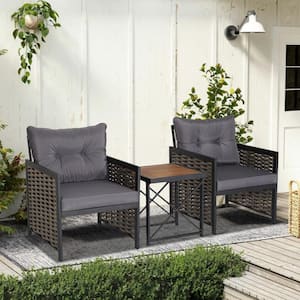 3-Piece Wicker PE Rattan Patio Conversation Set with Acacia Wood Tabletop and Gray Cushions