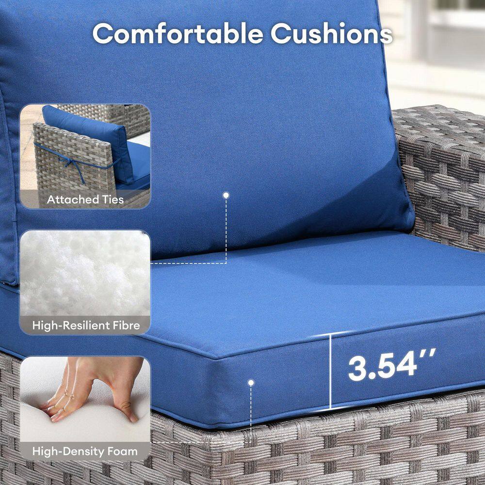 Gray 8-Piece Wicker Outdoor Sofa Set with Navy Cushions
