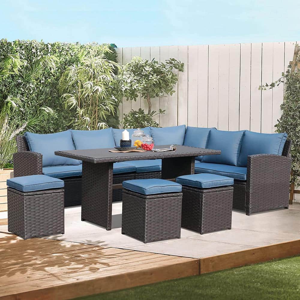 Brown 7-Piece Wicker Conversation Set with Dining Table with Blue Cushions