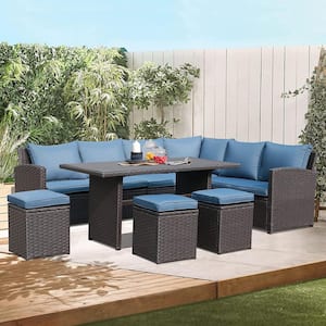 Joivi Brown 7-Piece Wicker Conversation Set with Dining Table with Blue Cushions