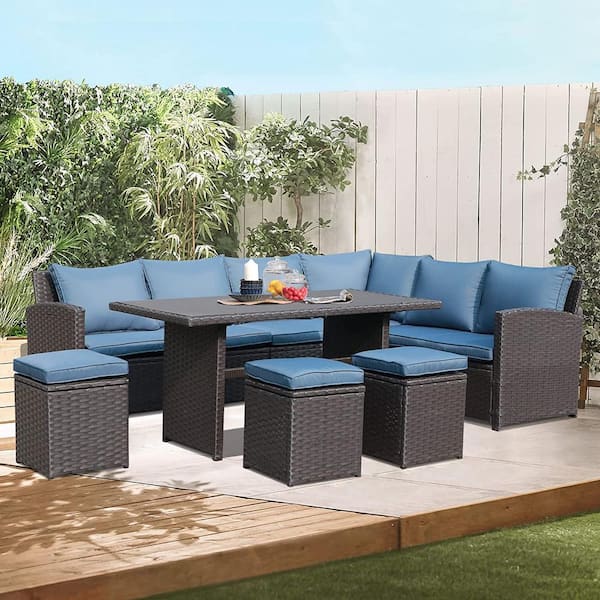 Freestyle Joivi Brown 7-Piece Wicker Conversation Set with Dining Table with Blue Cushions