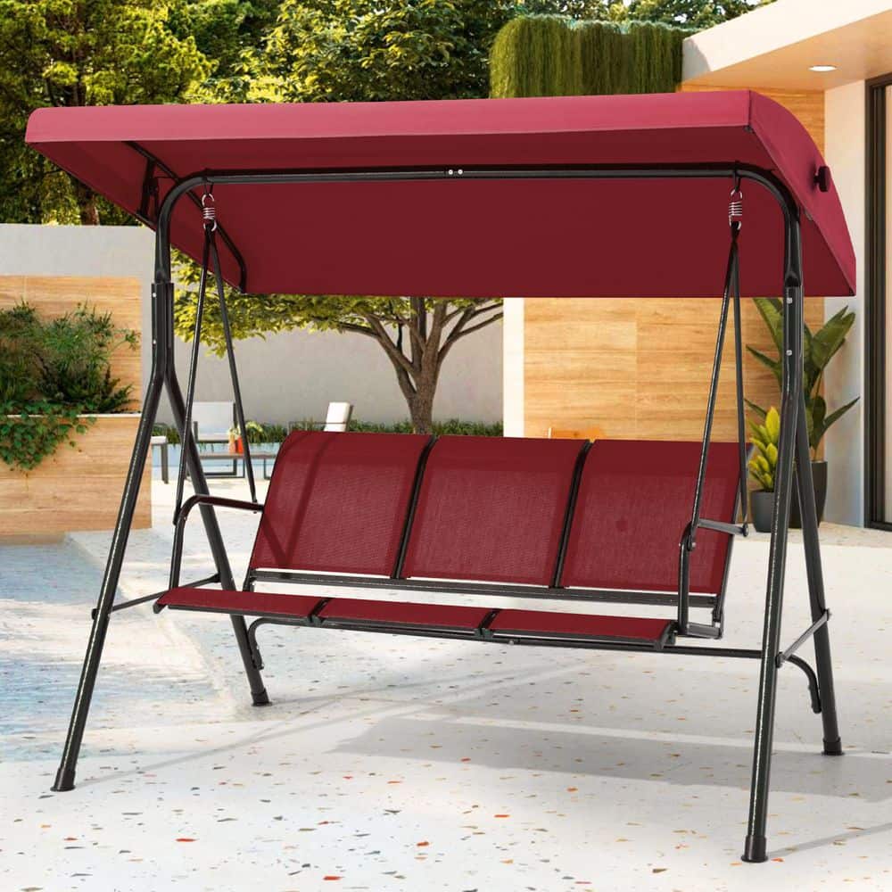 2-Person Black Metal Patio Swing with Red Cushions and Adjustable Canopy