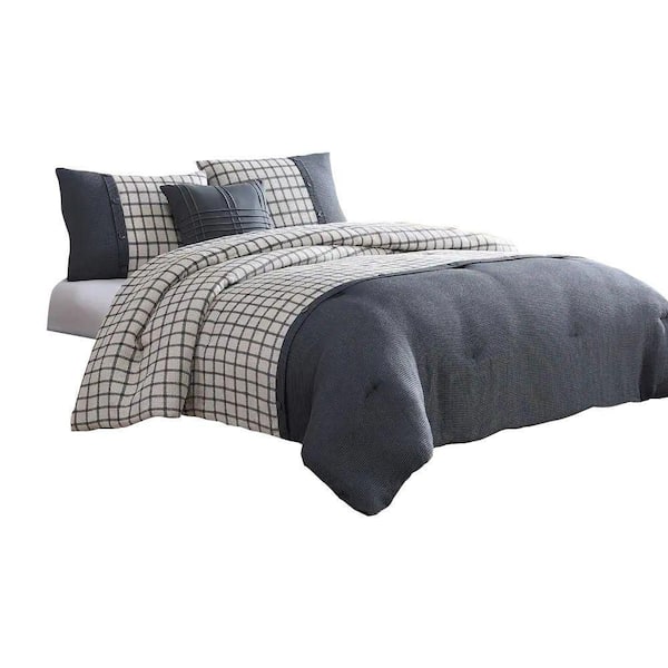 Benjara Owen 4- Piece White and Gray Squared Microfiber Queen Comforter Set
