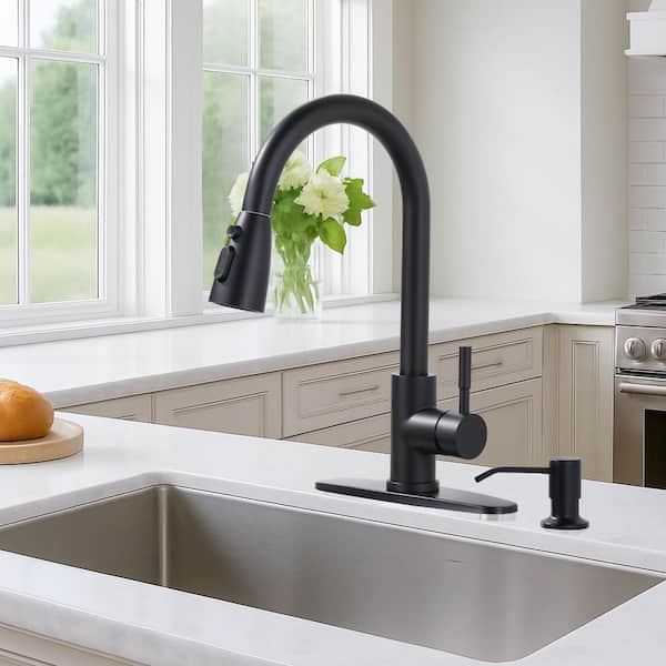 Single Handle Pull Down Sprayer Kitchen Faucet with 3-Function Sprayer and Soap Dispenser in Matte Black