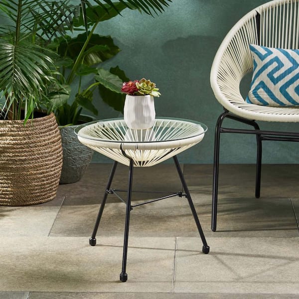 Unbranded White 18 in. H Wicker Outdoor Side Table Tempered Glass Top End Table Round CoffeeTable for Patio Porch Deck